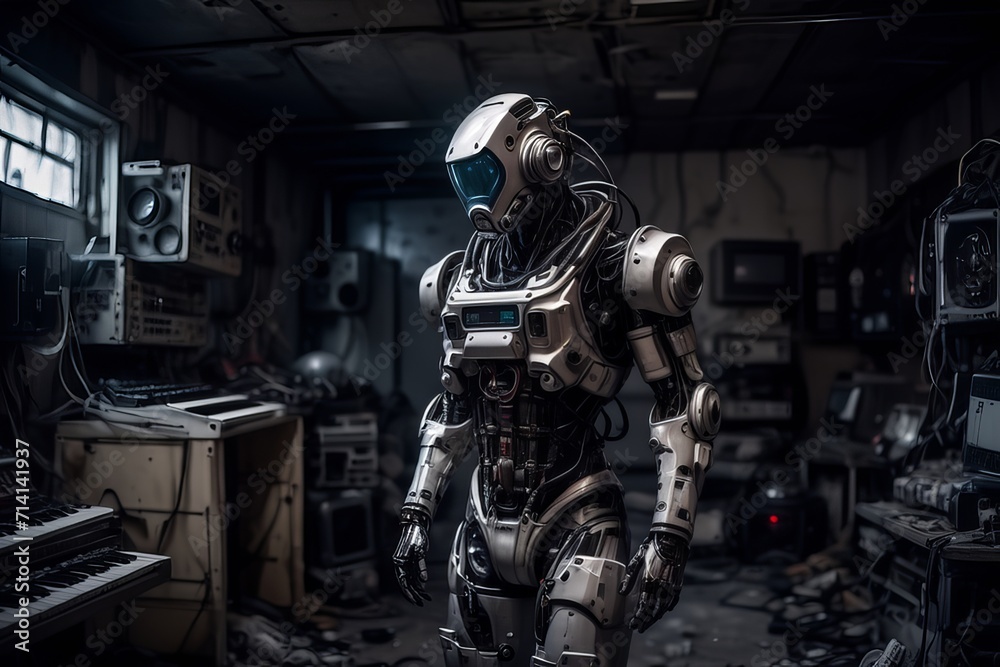 cyborg robot in a abandoned room created with generative AI software. cyborg robot in a abandoned room created with generative AI software.