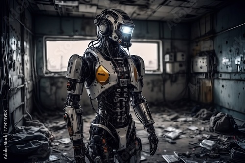 cyborg robot in a abandoned room created with generative AI software.