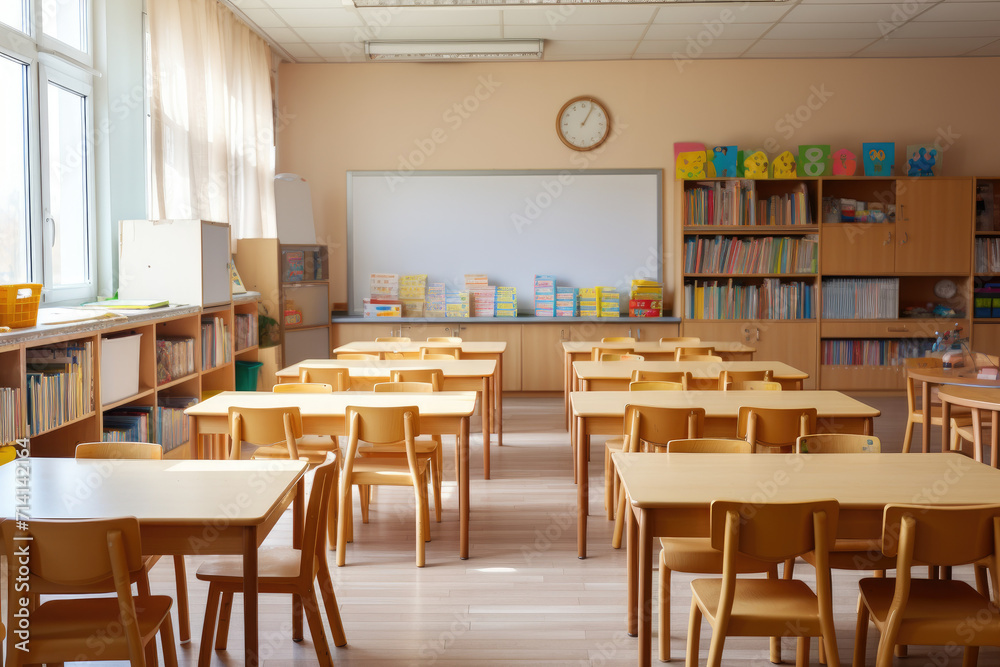 Empty kindergarten classroom with colorful wall and toys, back to school. Generative ai