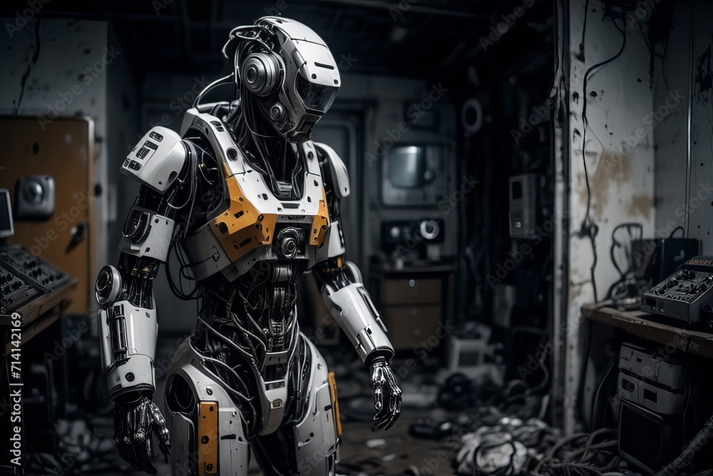 cyborg robot in a abandoned room created with generative AI software. cyborg robot in a abandoned room created with generative AI software.