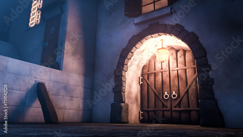 3D rendering stylized medieval cartoon building gate at night with intricate details, wooden doors, structures, windows and oil lamp