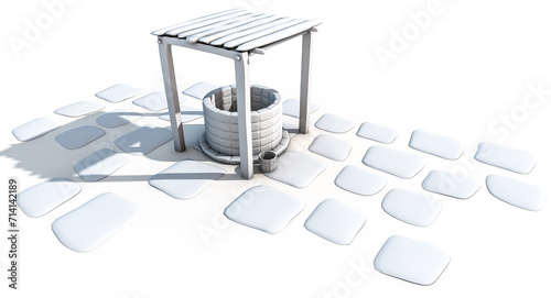 3D rendering of a stylized cartoon water well with stone structure, wooden roof, rope and buckets