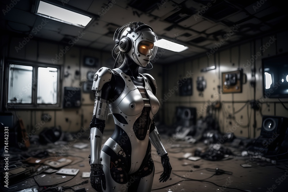 cyborg robot in a abandoned room created with generative AI software. cyborg robot in a abandoned room created with generative AI software.