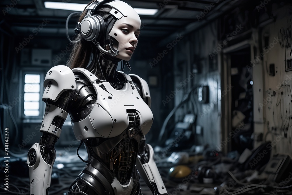 cyborg robot in a abandoned room created with generative AI software. cyborg robot in a abandoned room created with generative AI software.