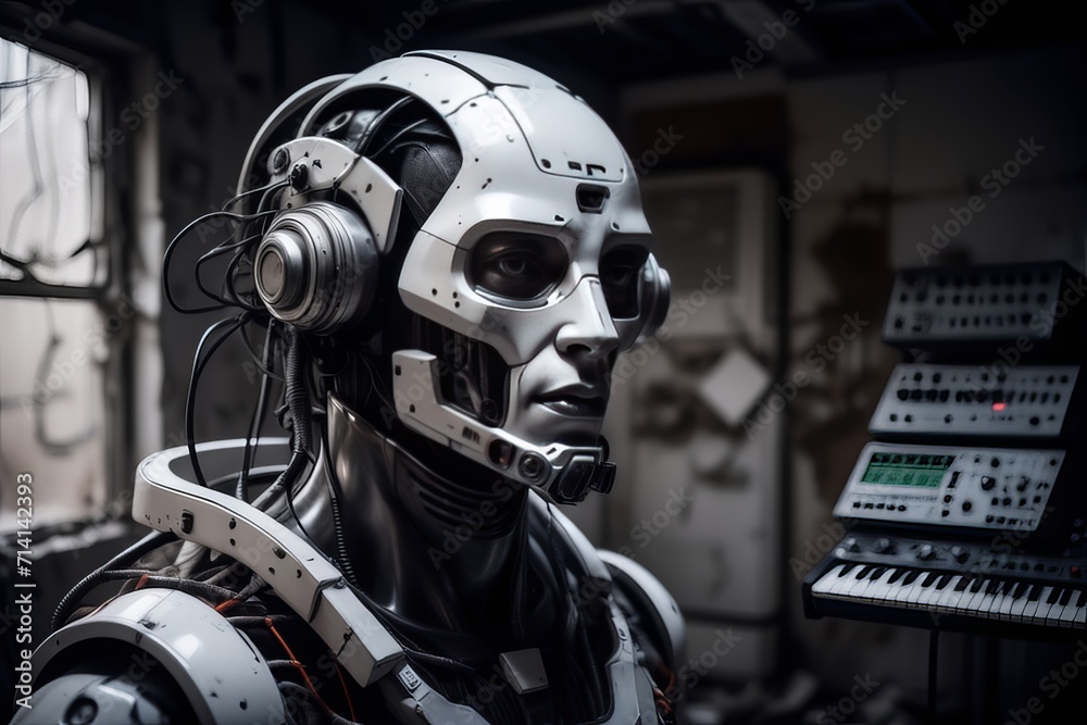 cyborg robot in a abandoned room created with generative AI software. cyborg robot in a abandoned room created with generative AI software.