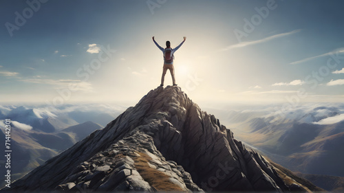 Male person reaching the summit of a mountain  arms raised triumphantly - AI