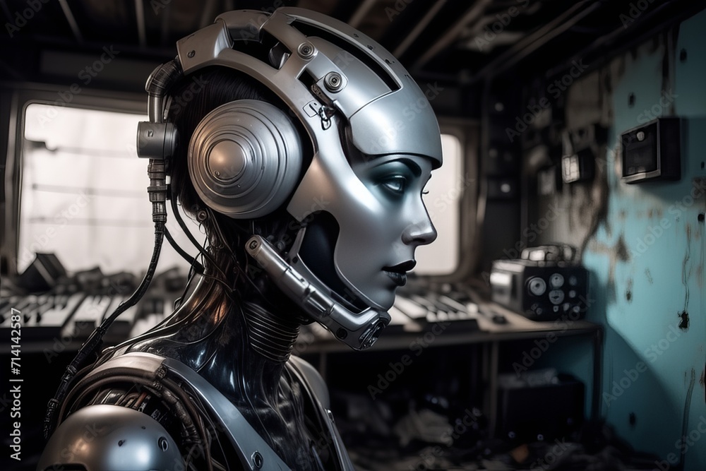 cyborg robot in a abandoned room created with generative AI software. cyborg robot in a abandoned room created with generative AI software.