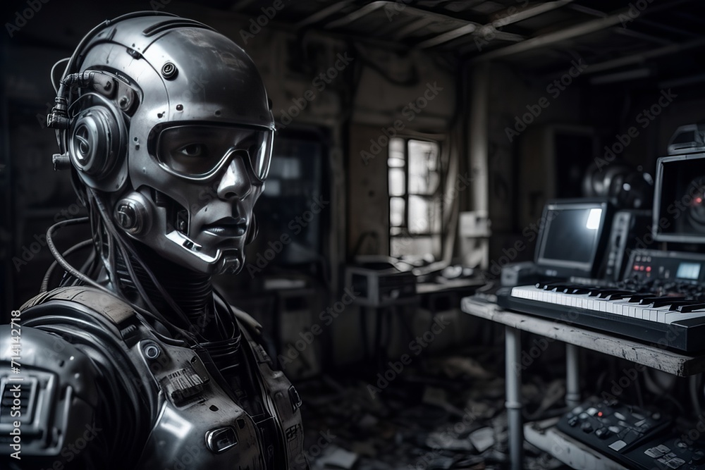 cyborg robot in a abandoned room created with generative AI software. cyborg robot in a abandoned room created with generative AI software.