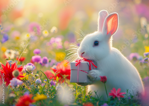 weißer kuschliger Hase mit Geschenk auf einer Frühlingswiese photo