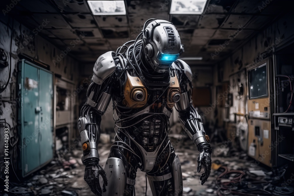 cyborg robot in a abandoned room created with generative AI software. cyborg robot in a abandoned room created with generative AI software.