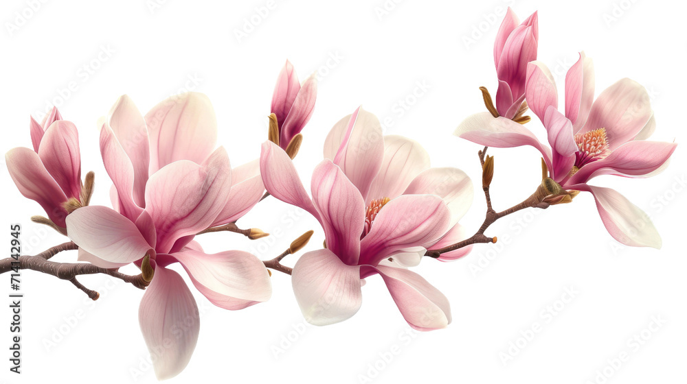 Magnolia branch with pink flowers on a transparent background