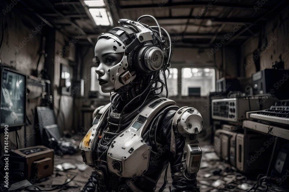 cyborg robot in a abandoned room created with generative AI software. cyborg robot in a abandoned room created with generative AI software.