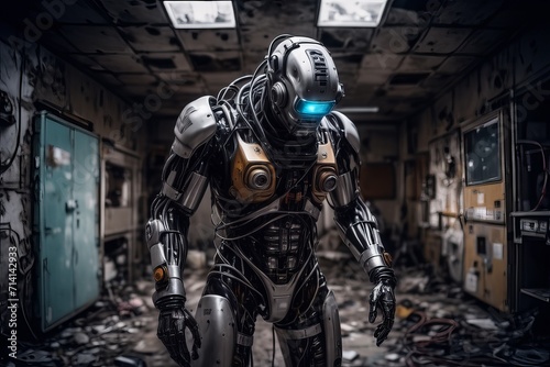 cyborg robot  in a abandoned room  created with generative AI software.