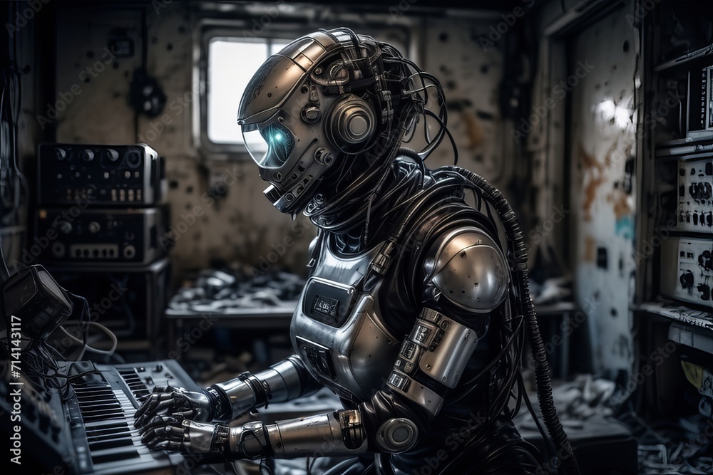 cyborg robot in a abandoned room created with generative AI software. cyborg robot in a abandoned room created with generative AI software.