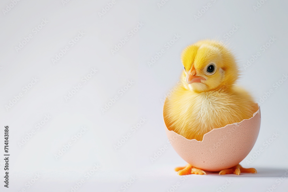 Fluffy chick sitting in egg shell against white background with copy space. Fluffy chick sitting in egg shell against white background with copy space.