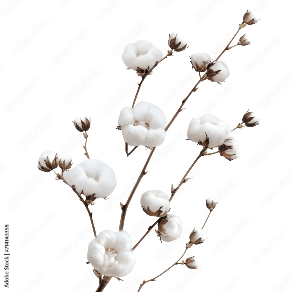 Cotton branch isolated on transparent background. White cotton flowers Cotton branch isolated on transparent background. White cotton flowers