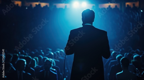 CEO from the back side camera shot and facing the audience, giving speech holding a microphone under the spot light, looking at the audience, corporate, elegant, blue light.