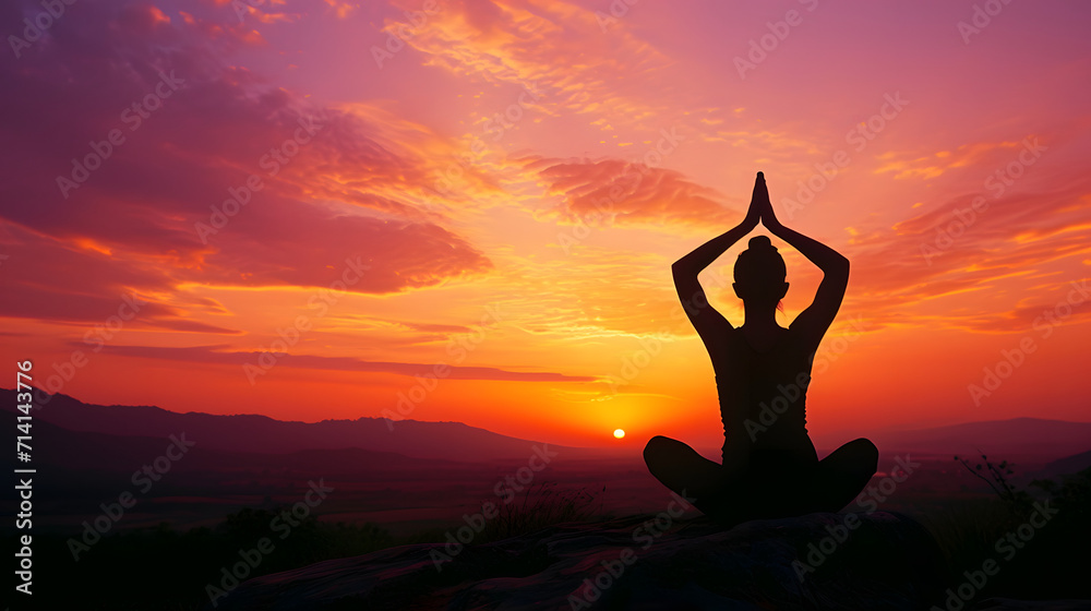 Silhouette of a woman in a yoga pose sitting on a rock against a sunset sky