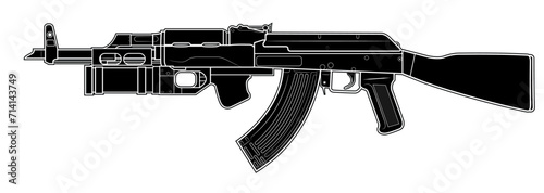 Vector illustration of soviet AK47 assault carbine with a GP25 grenade launcher. Black. Left side.