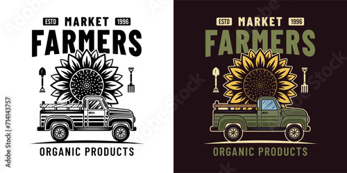 Farmers market vector emblem, badge, label with pickup car and sunflower in two styles black on white and colored