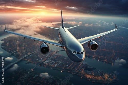 Bird's-eye view of aircraft soaring over urban panorama. Generative AI