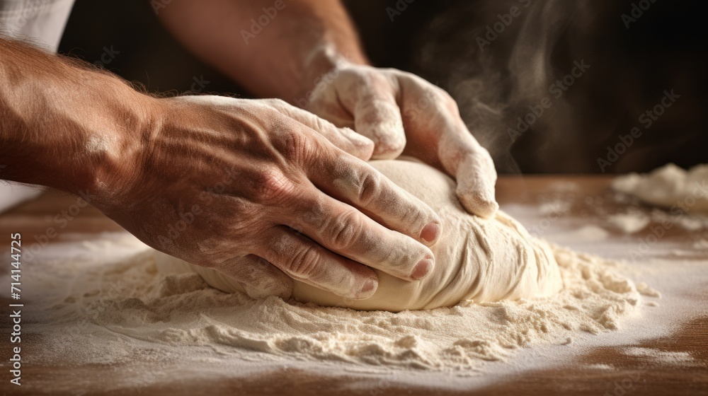 A man is making bread by kneading dough on a wooden table.