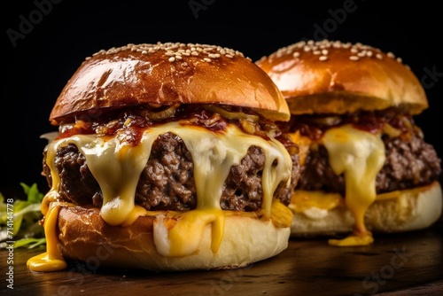 Savory burger topped with gooey cheese on soft buns. Generative AI