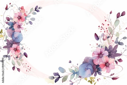 On a plain white background, a watercolor floral frame showcases two symmetrical wreaths formed by an array of multicolored flowers and leaves. Created with generative AI tools