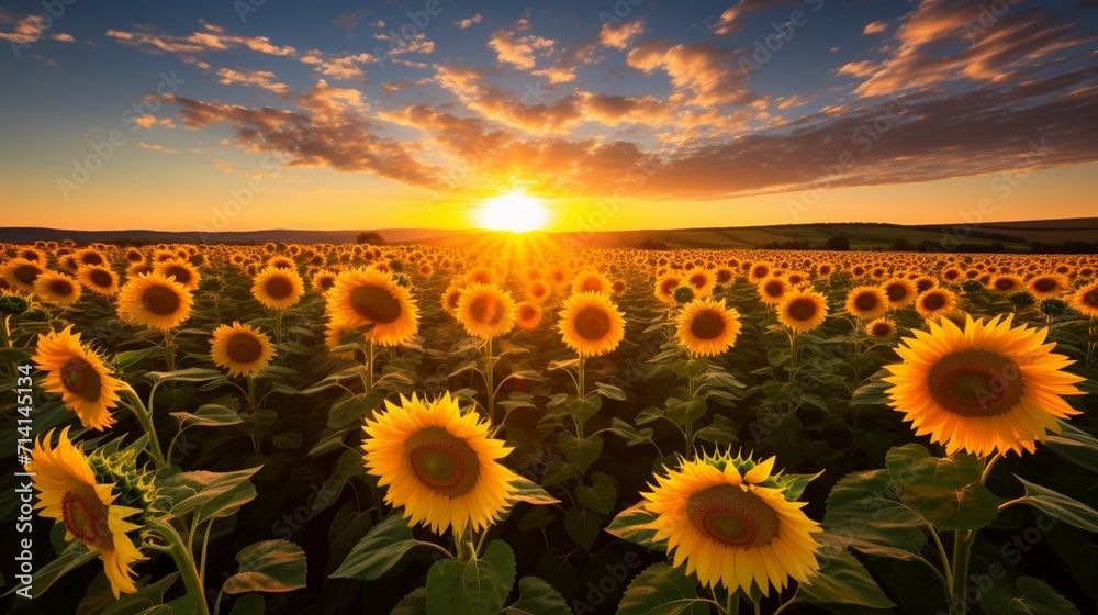 A sun-dappled field of sunflowers in the morning light, capturing the cheerful and vibrant essence of a sunflower patch at sunrise - Generative AI