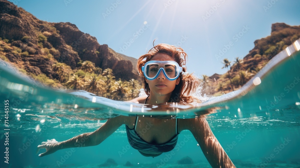 Beautiful woman diving skin diving at beautiful summer sea - obrazy, fototapety, plakaty 