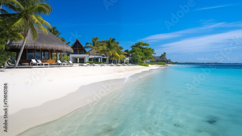 Overwater bungalow in the Indian Ocean. Tropical Maldives. Summer vacation on a tropical island with beautiful beach and palm trees