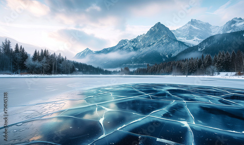 zugefrorener Bergsee mit Rissen im Eis