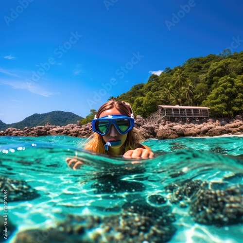 Beautiful woman diving skin diving at beautiful summer sea