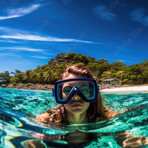 Beautiful woman diving skin diving at beautiful summer sea