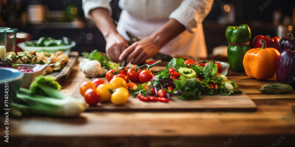 Fresh Hand-Cut Vegetables: A Healthy, Delicious Salad Prepared by a Chef in a Green Apron, on a Wooden Table with a Background of Organic Ingredients and Red Tomatoes