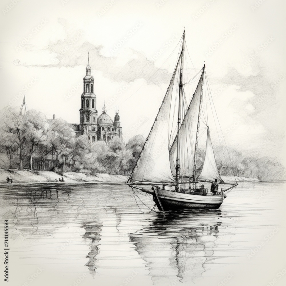 Pencil sketch nice view river sailing boat images Generative AI
