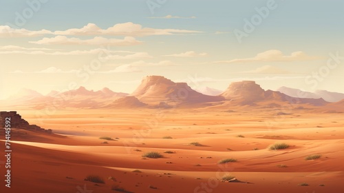 A sun-kissed desert landscape at noon  with dunes and a clear sky  capturing the stark beauty and warm tones of a daytime desert scene. - Generative AI