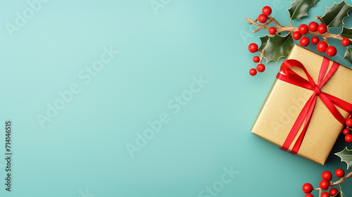 Magical Christmas Eve Scene with Giftbox, Ribbon Bow, and Festive Decor on Pastel Blue Background – Top View Vertical Photo for Promotional Content and Greeting Cards