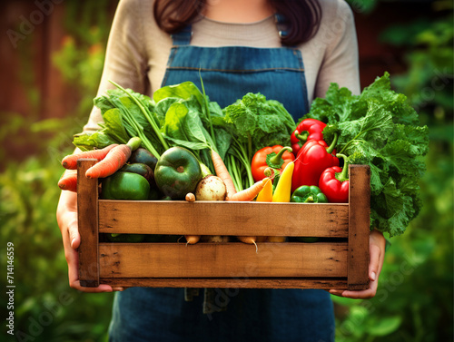 A farmer in field holding a vegetable bucket - ai generative