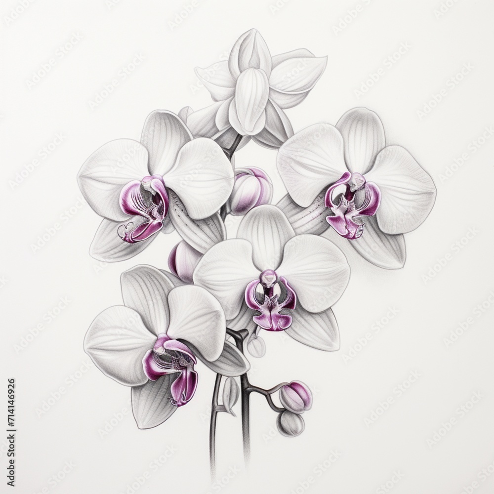 Pencil sketch nice white pink orchid flowers image Generative AI