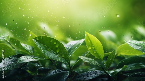 Green tea leaves with water drops in the morning, nature background.