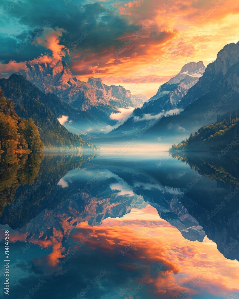Sunset Over Majestic Mountains and Serene Lake