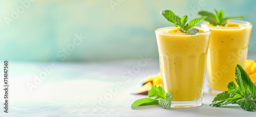 Refreshing Mango Smoothie with Mint Garnish, copy space, banner 
