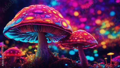 Mushroom with colorful lights in the forest. 3d illustration