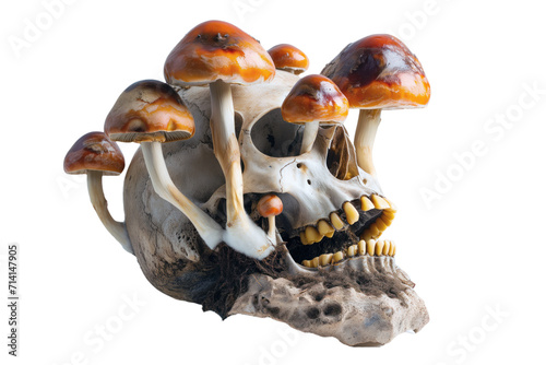 fungi mushrooms growing out of skull, on transparent background photo