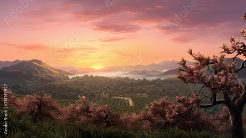 A super-detailed peach orchard at dawn, showcasing the fuzzy skins and blush hues of ripe peaches against the backdrop of a waking countryside - Generative AI