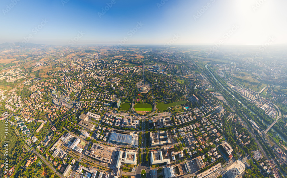 Rome, Italy. World Exhibition Quarter - EUR. Panorama of the city on a summer morning. Sunny weather. Aerial view