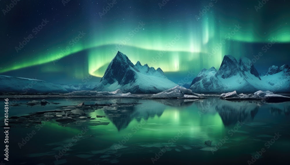 View of night sky with multicolored aurora borealis and snowy mountains peak background. Night glows in vibrant aurora reflection on the lake with forest. 