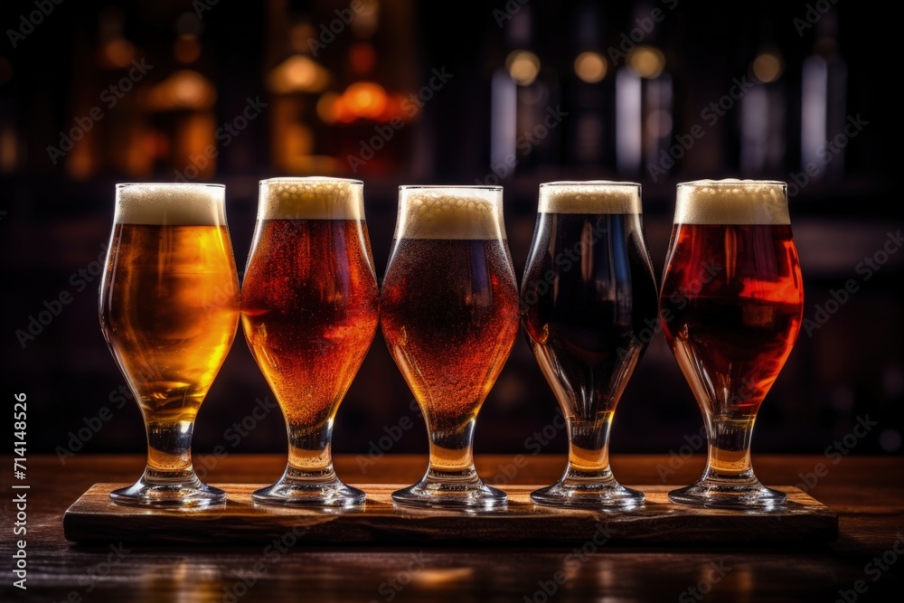 Variety of craft beer glasses on wooden bar.