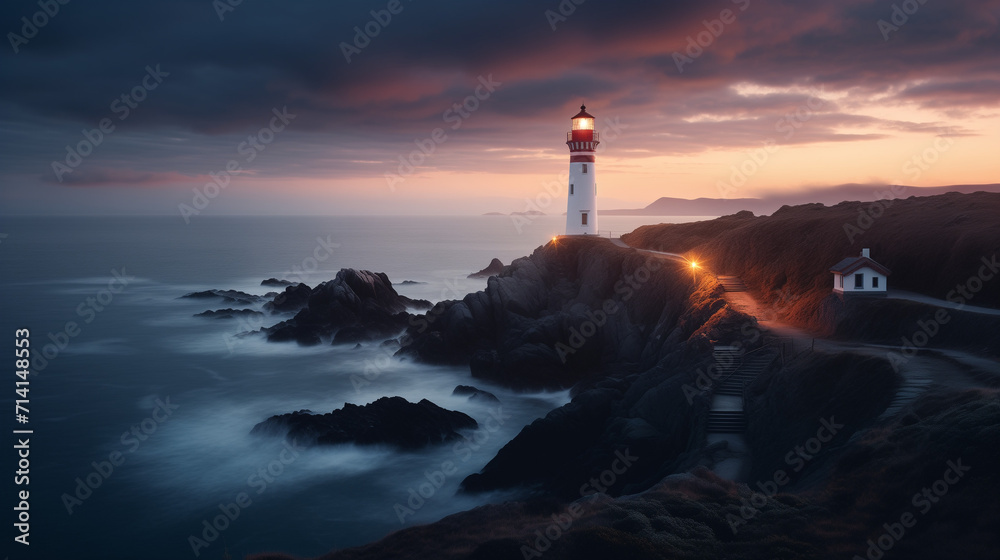 A captivating photo of a lighthouse at dusk, its powerful beam piercing through mist, casting an enchanting glow and adding intrigue to the coastal landscape.